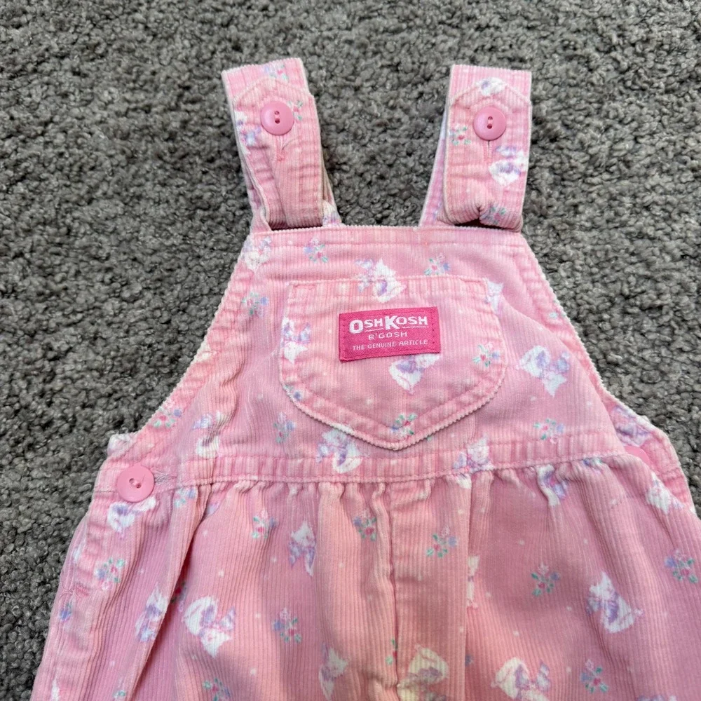 Vintage OshKosh B'gosh Kitten Print Cat Pink Corduroy Overalls Bow Baby Girl 12M